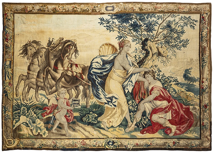 LOT 441 | FLEMISH MYTHOLOGICAL TAPESTRY OF DIDO AND AENAES | PROBABLY BRUGES, LATE 17TH/ EARLY 18TH CENTURY 279cm high, 376cm wide | Sold for £9,375 incl premium